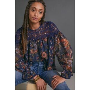 Anthropologie Floral Navy Lace Women's Top